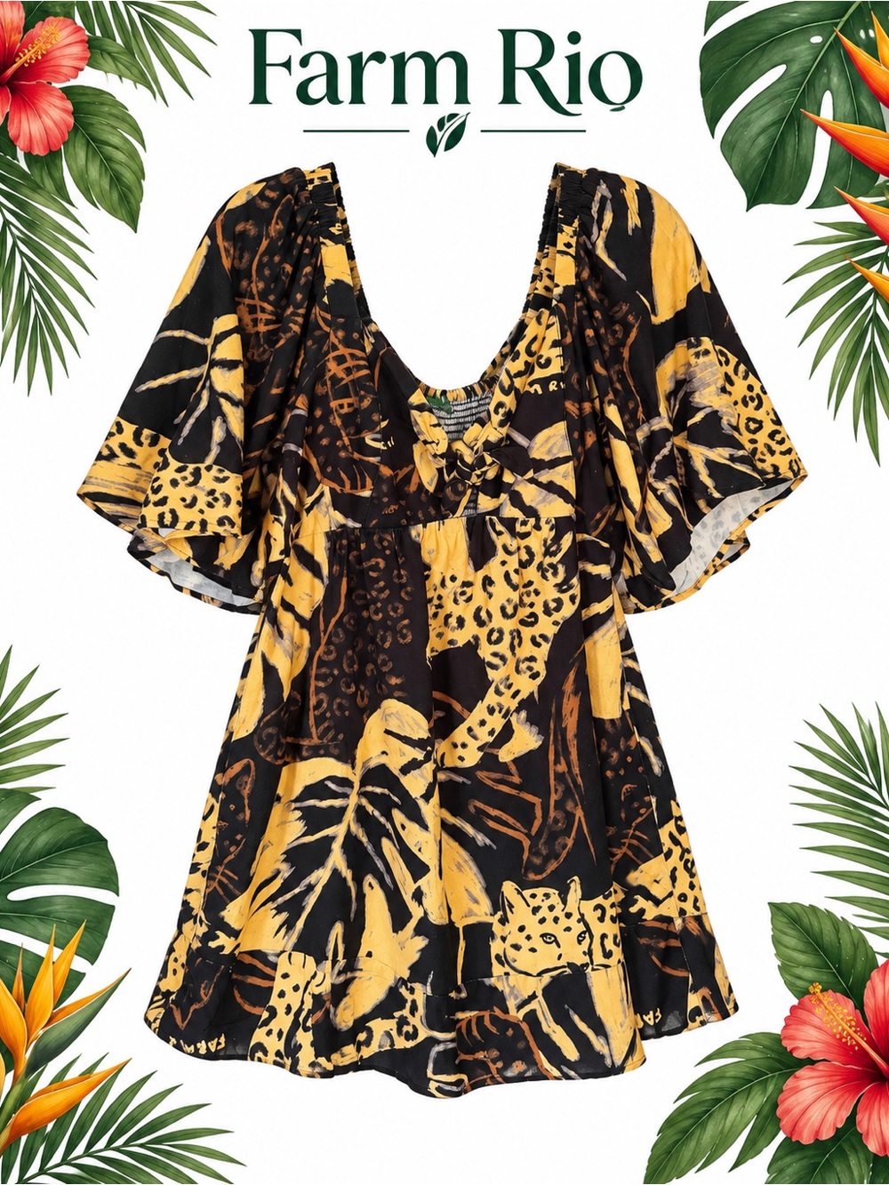 Farm rio Women's Yellow & Black Printed dress mid sz m